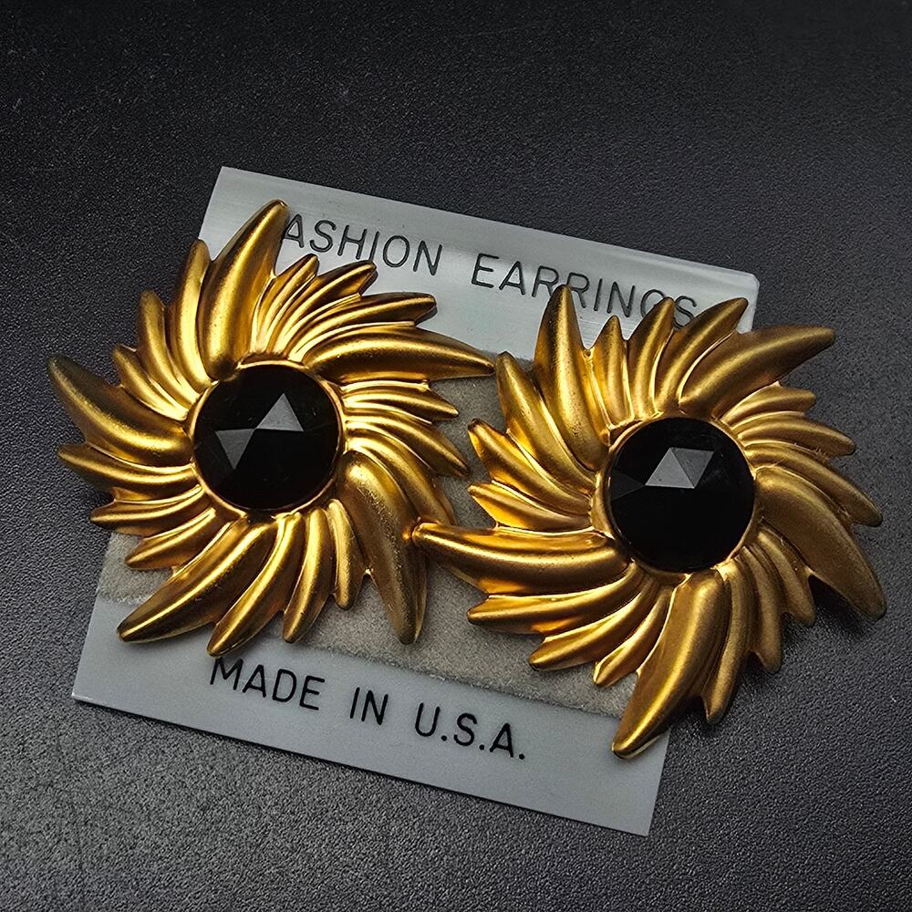 Gold Tone Starburst Earrings Black Rhinestone Vintage 1990s Costume Jewelry NOS